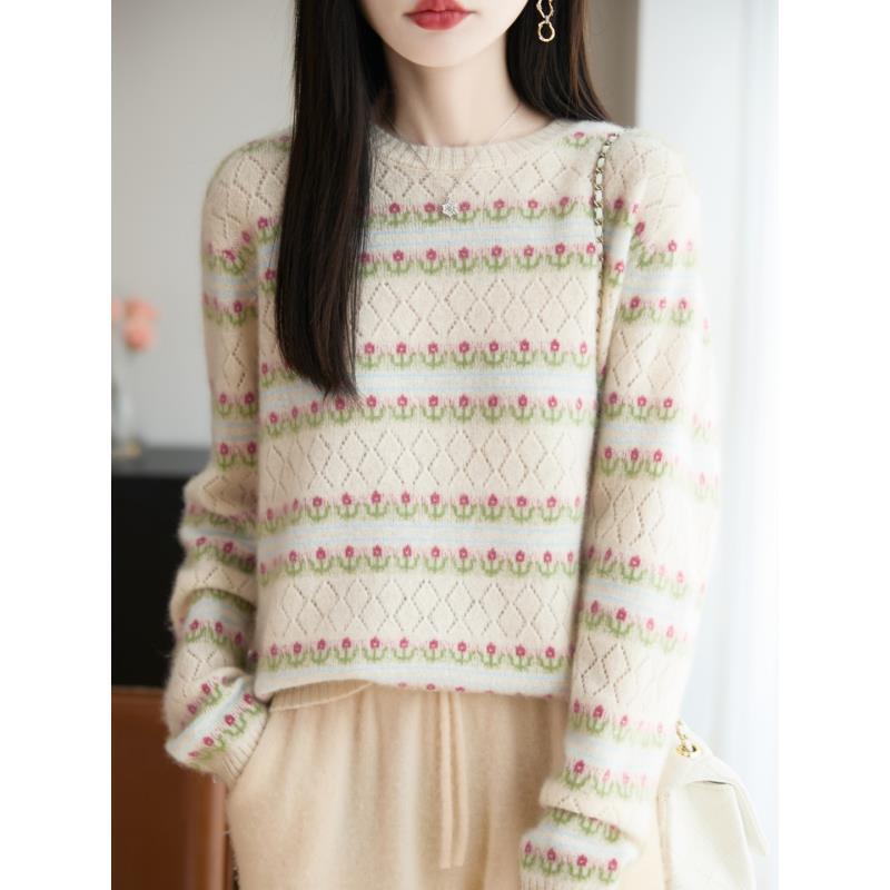 100%羊毛2025秋冬款新女短款宽松小花彩条长袖D2504