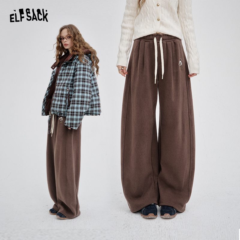 【云c专属】妖精的口袋复古咖色刺绣阔腿休闲裤女2025年秋冬新款