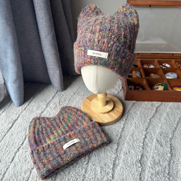 韩ins新款时尚百搭秋冬彩色花线针织洋气猫耳宝宝帽子保暖儿童帽