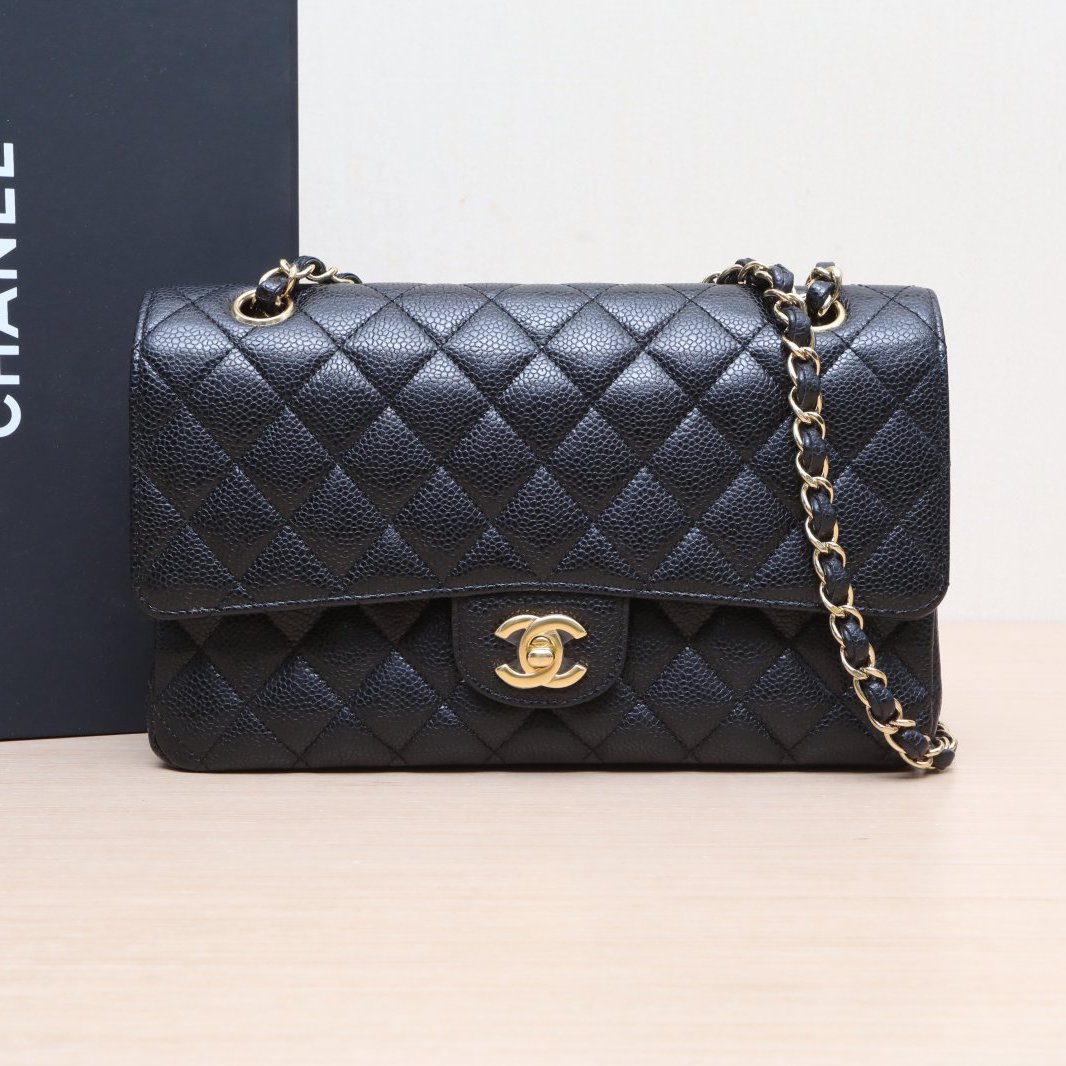 95新 Chanel/香奈儿 小花姑姑 CF 口盖包 中号 黑色 荔枝牛 12开