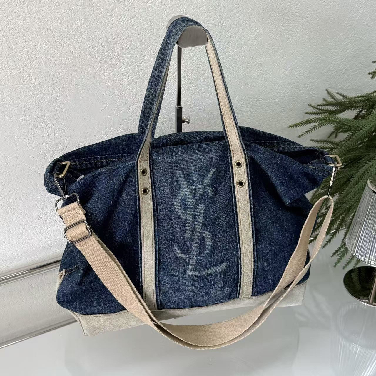 95新 YSL/圣罗兰 限定稀有复古蓝牛仔拼接麂皮托特斜挎包123621