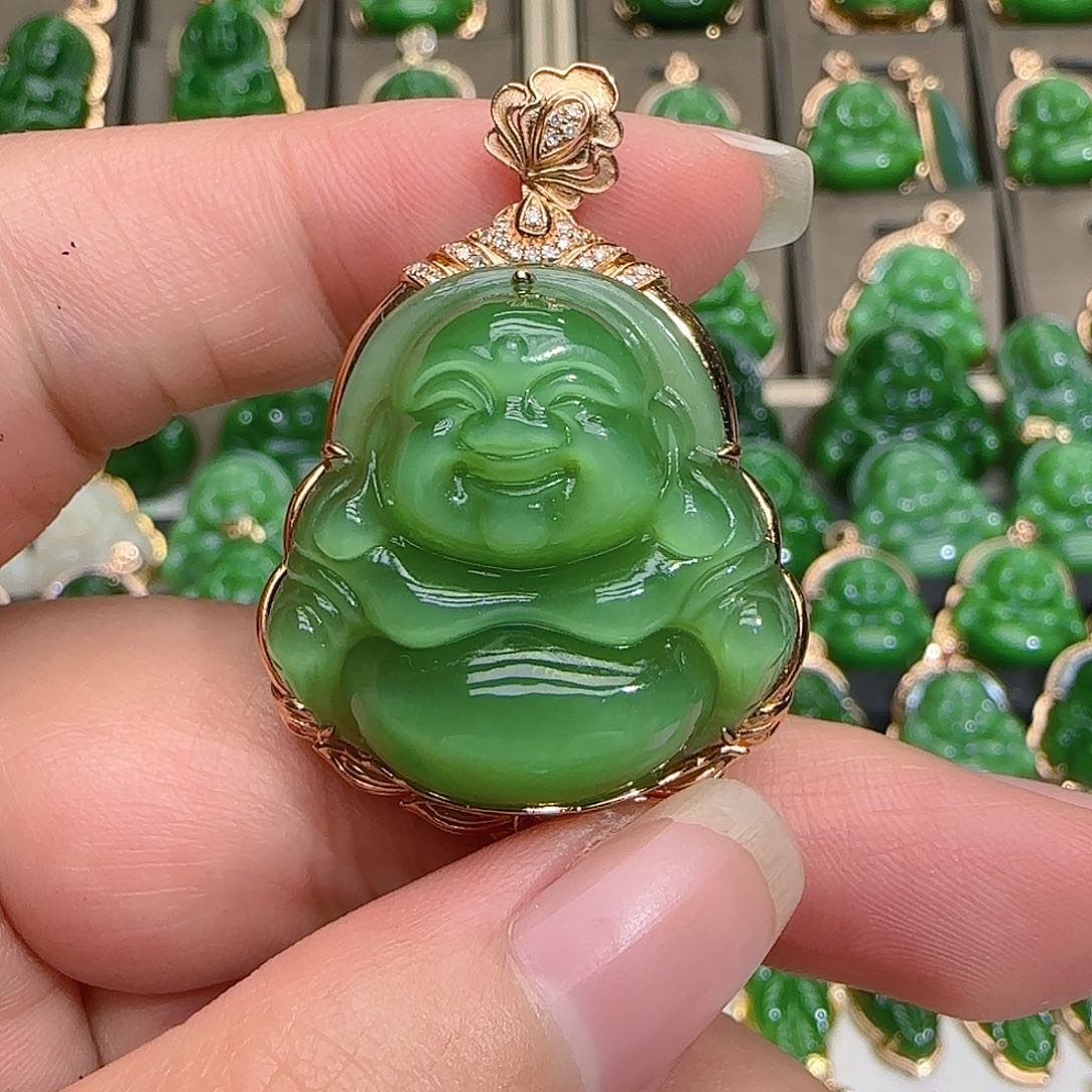 和田玉（碧玉）吊坠(不含链)18K金镶嵌