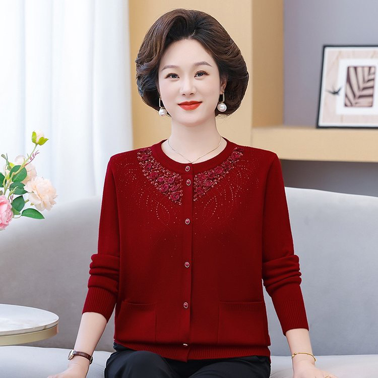 中老年女装春秋圆领对襟薄款针织开衫妈妈装外套洋气中年