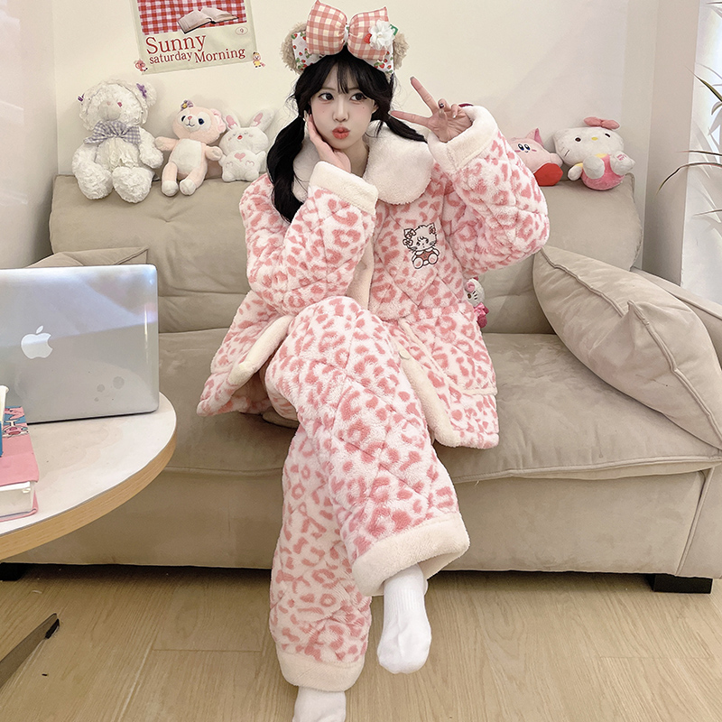 珊瑚绒三层夹棉睡衣女冬季加绒卡通猫豹纹冬天衣裤家居服保暖套装