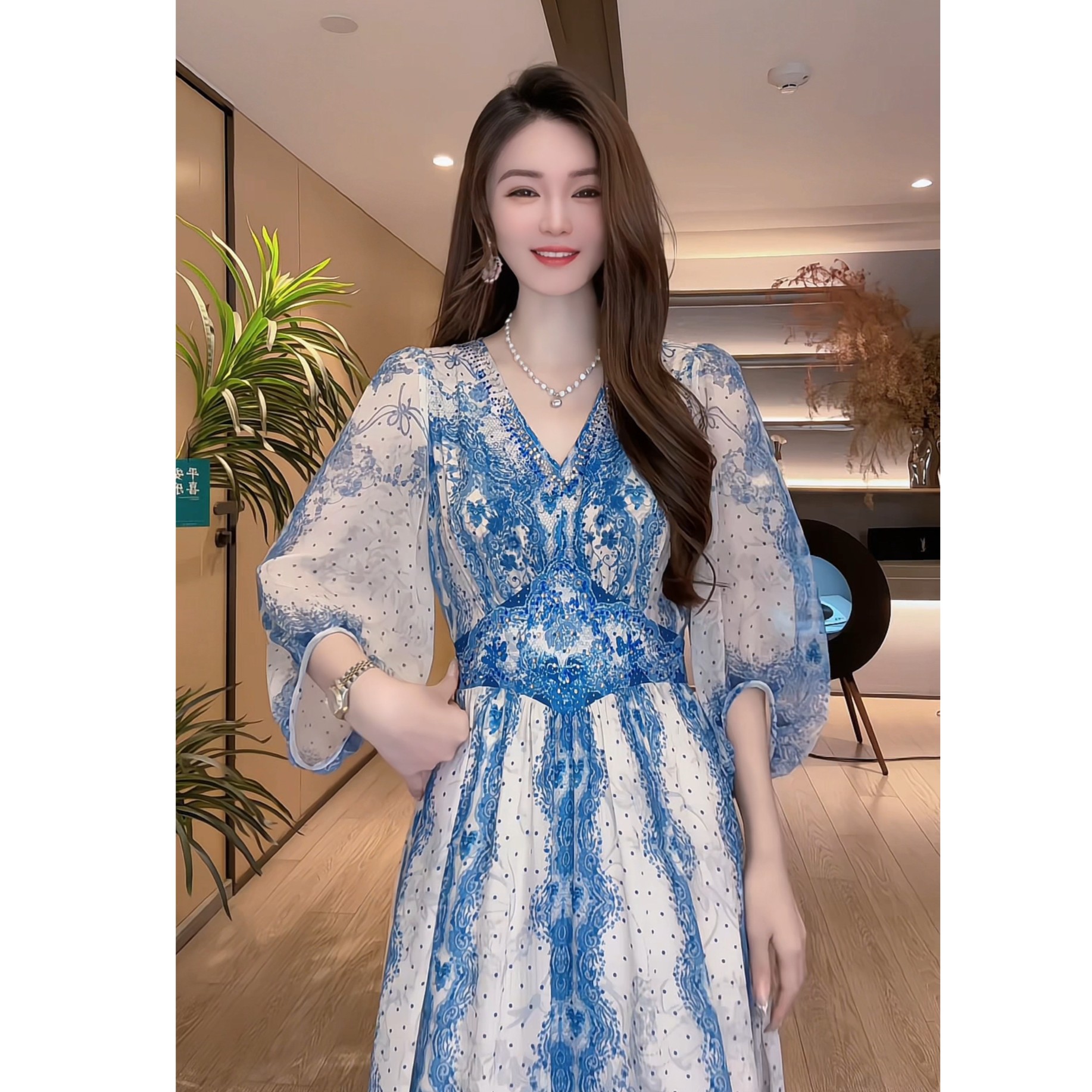 【深圳米熙儿】100%桑蚕丝夏季新款法式印花收腰连衣裙