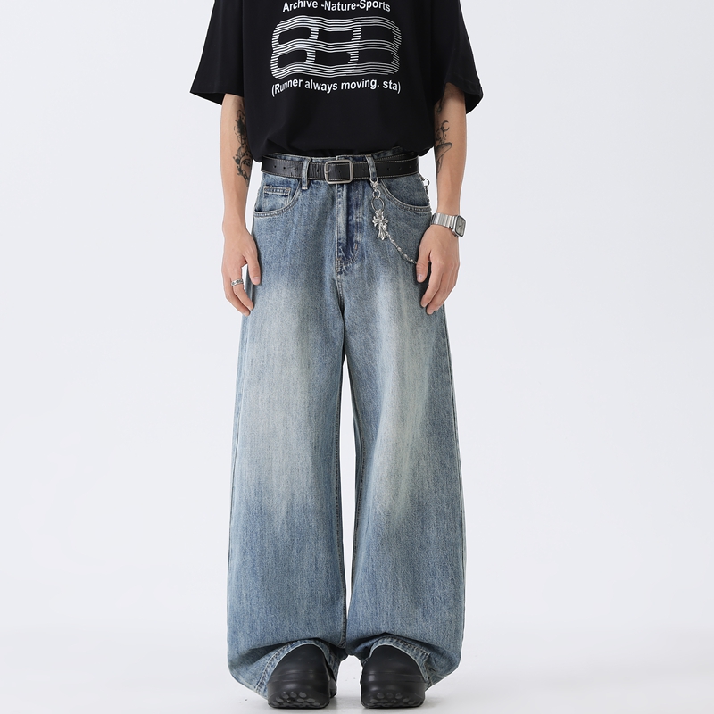 春秋复古水洗cleanfit牛仔裤男女高级感潮流直筒宽松阔腿长裤子