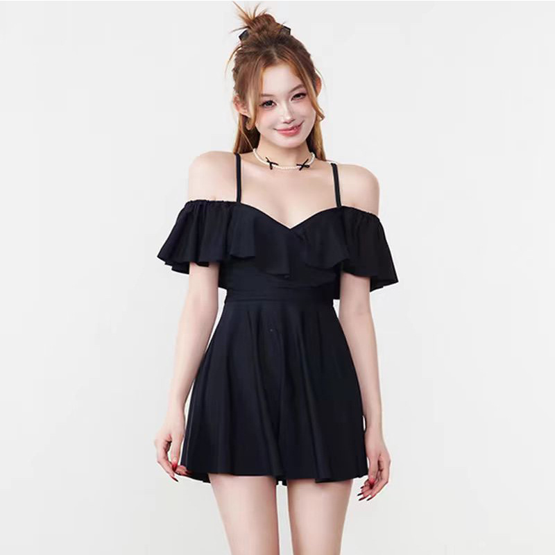 大码泳衣纯色连体一字肩裙式微胖女孩保守遮肉遮肚显瘦泡温泉泳衣