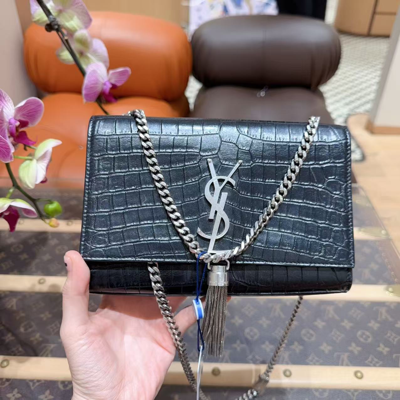 95新 YSL/圣罗兰 黑银压纹流苏链条包