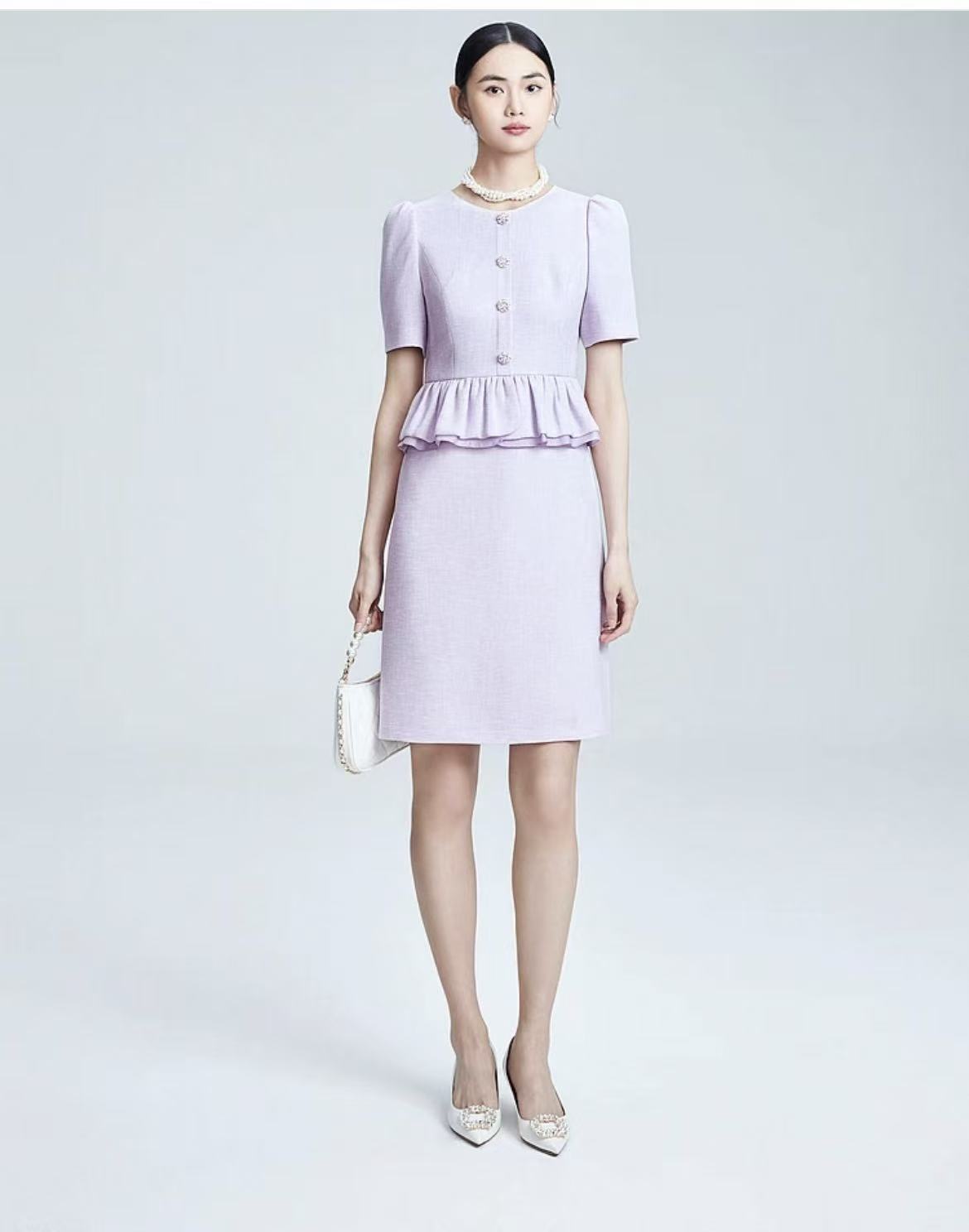 朦朦 夏季新款圆领荷叶边钻扣连衣裙