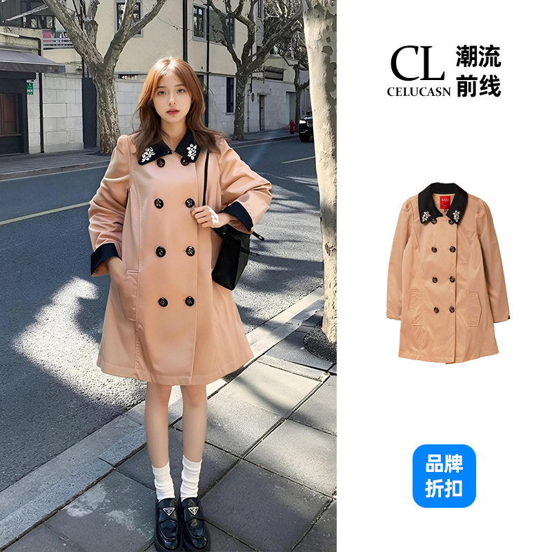 L4QB80540#秋款潮流中长款风衣撞色双排扣棉服外套修身女