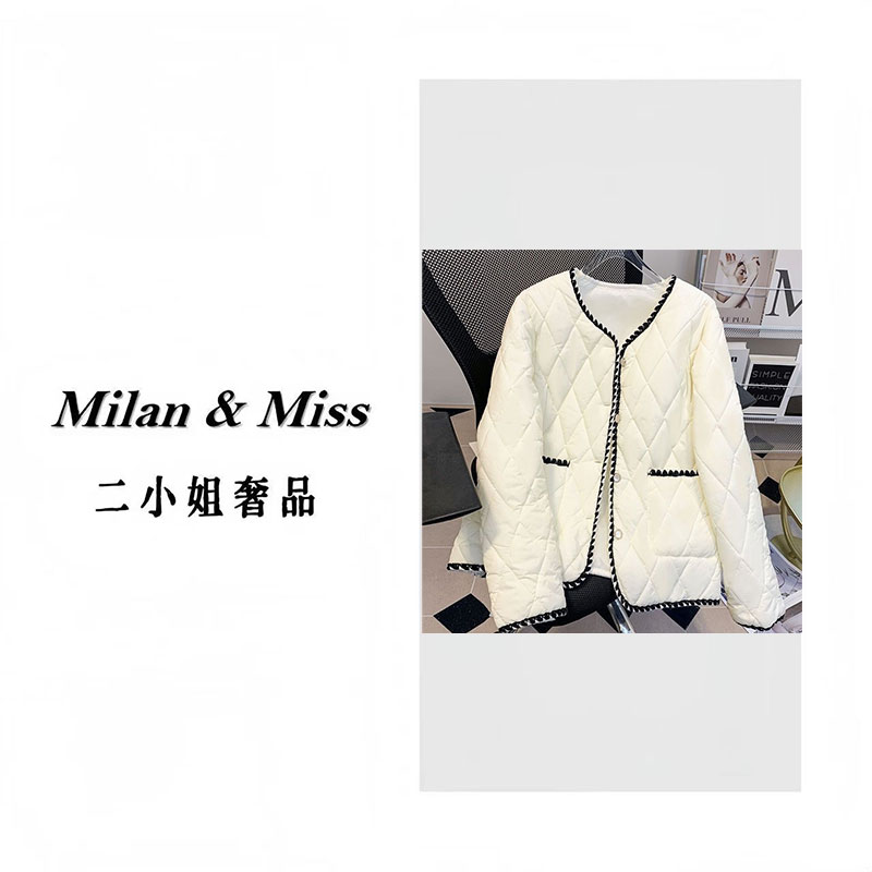 撞色小香风菱格棉服女2025秋冬新款韩版时尚气质百搭圆领短款棉衣