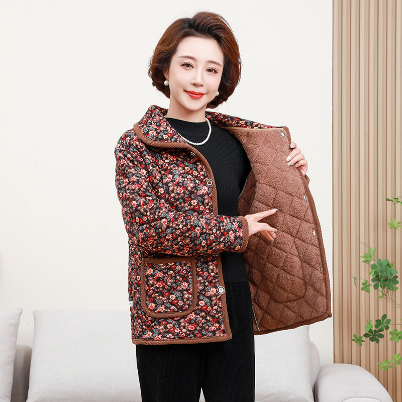 冬季加绒中老年棉衣大码宽松翻领棉服加厚外套保暖妈妈装棉袄上衣