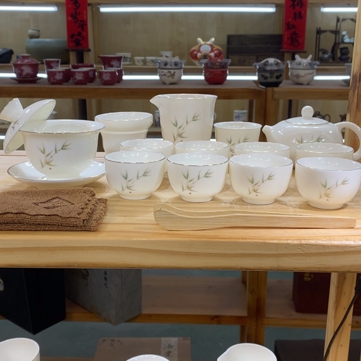 竹报平安羊脂玉茶具大套装