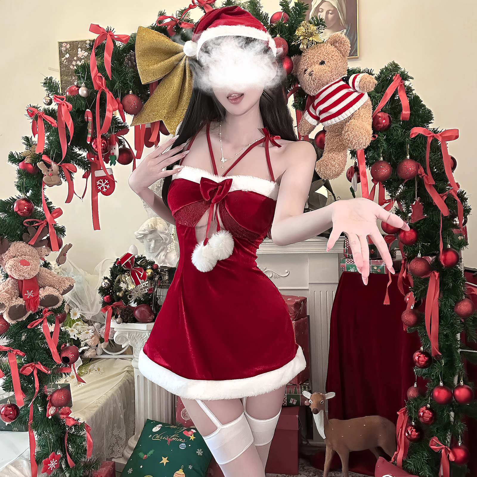 【幼猫】蝴蝶结系带毛球连衣裙纯欲俏皮可爱露背圣诞含帽子氛围感