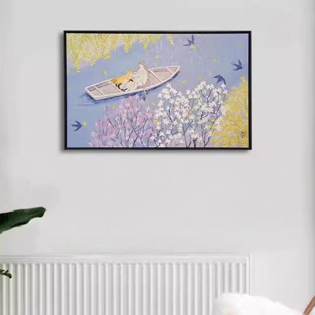 治愈系砂岩装饰画北欧花卉森林温馨动物女孩划船挂画4060