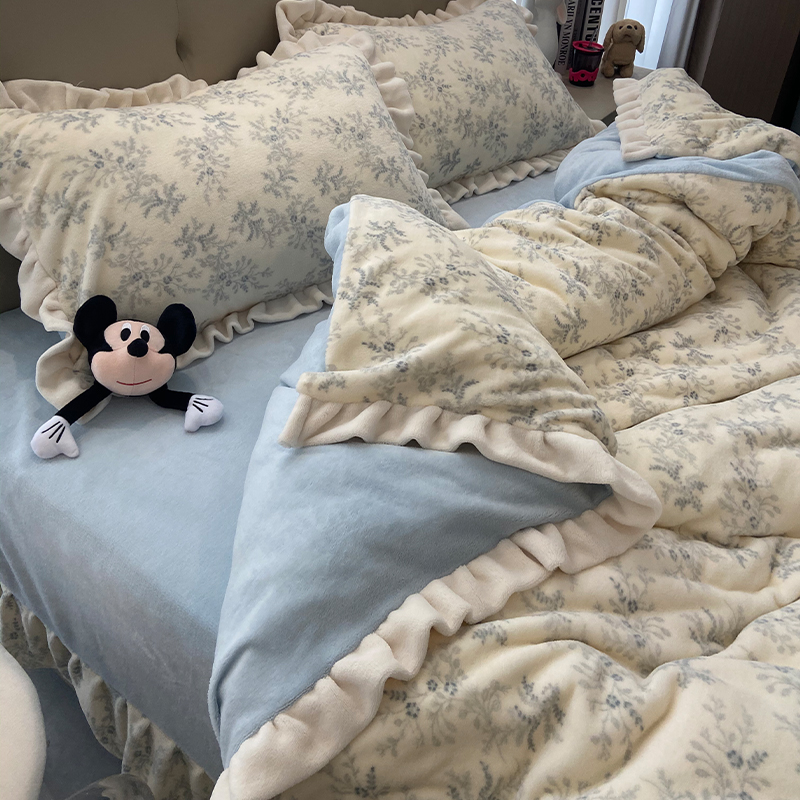 【顺丰包邮】法式牛奶绒四件套双面绒加厚保暖花边被套不掉毛无静电