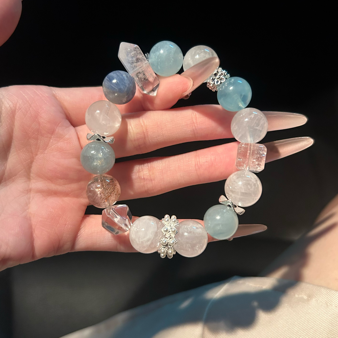 【蔚蓝】天然海蓝宝白幽灵手串