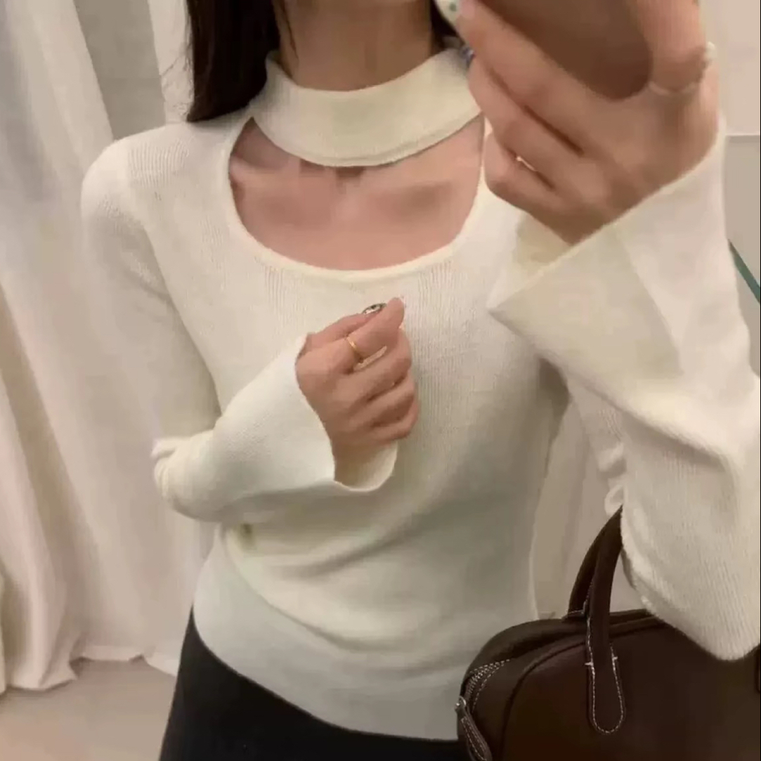 设计感镂空挂脖长袖针织衫女毛衣2025秋冬新款洋气内搭打底衫上衣