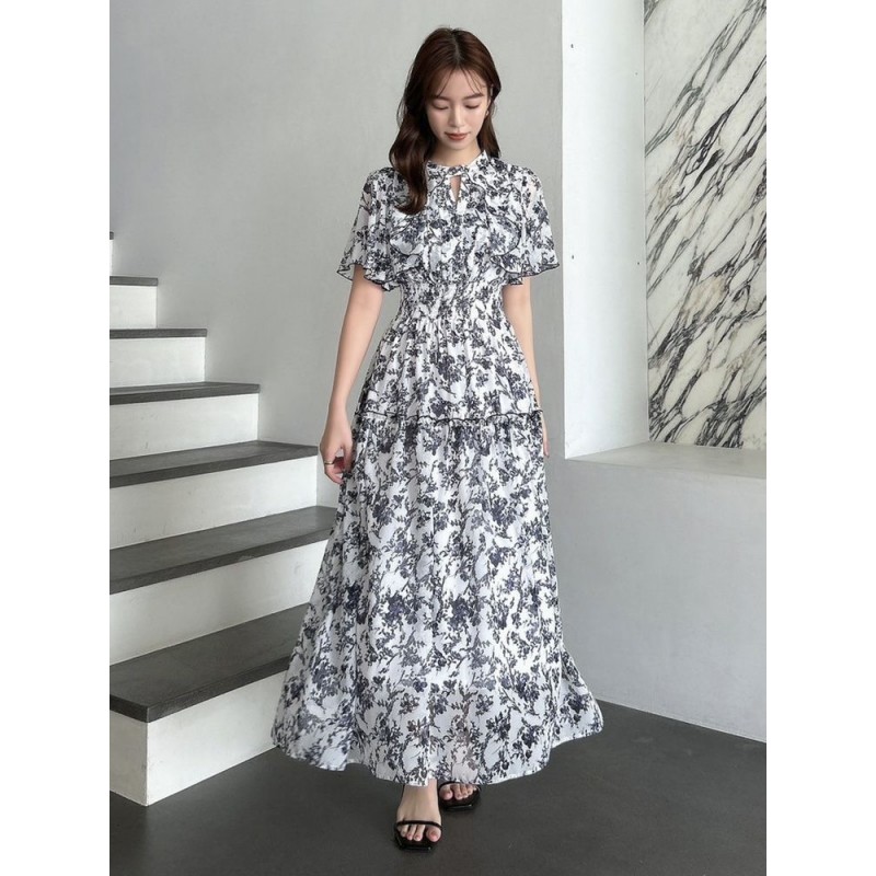 【表姐家】  D 雪纺荷叶边印花斗篷显瘦连衣裙