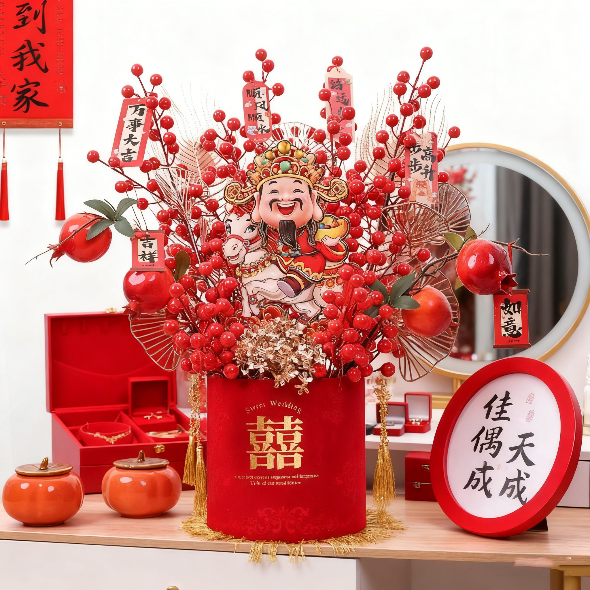马上来财2026新款点头财神福桶抱抱桶新婚乔迁新年发财果插花摆件