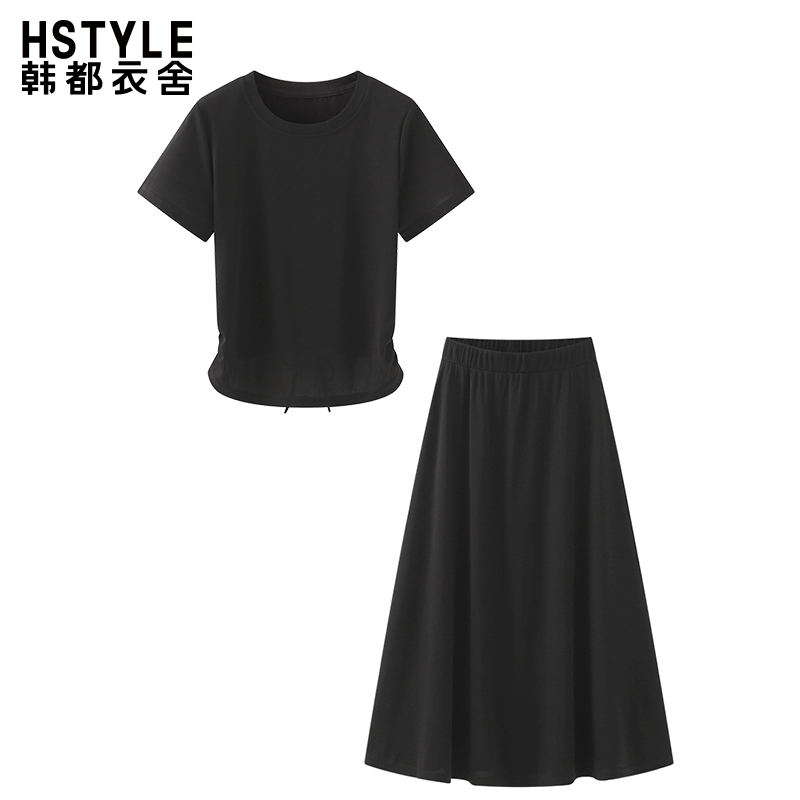 圆领抽绳短袖T恤长款半身裙黑色气质通勤设计感时尚套装