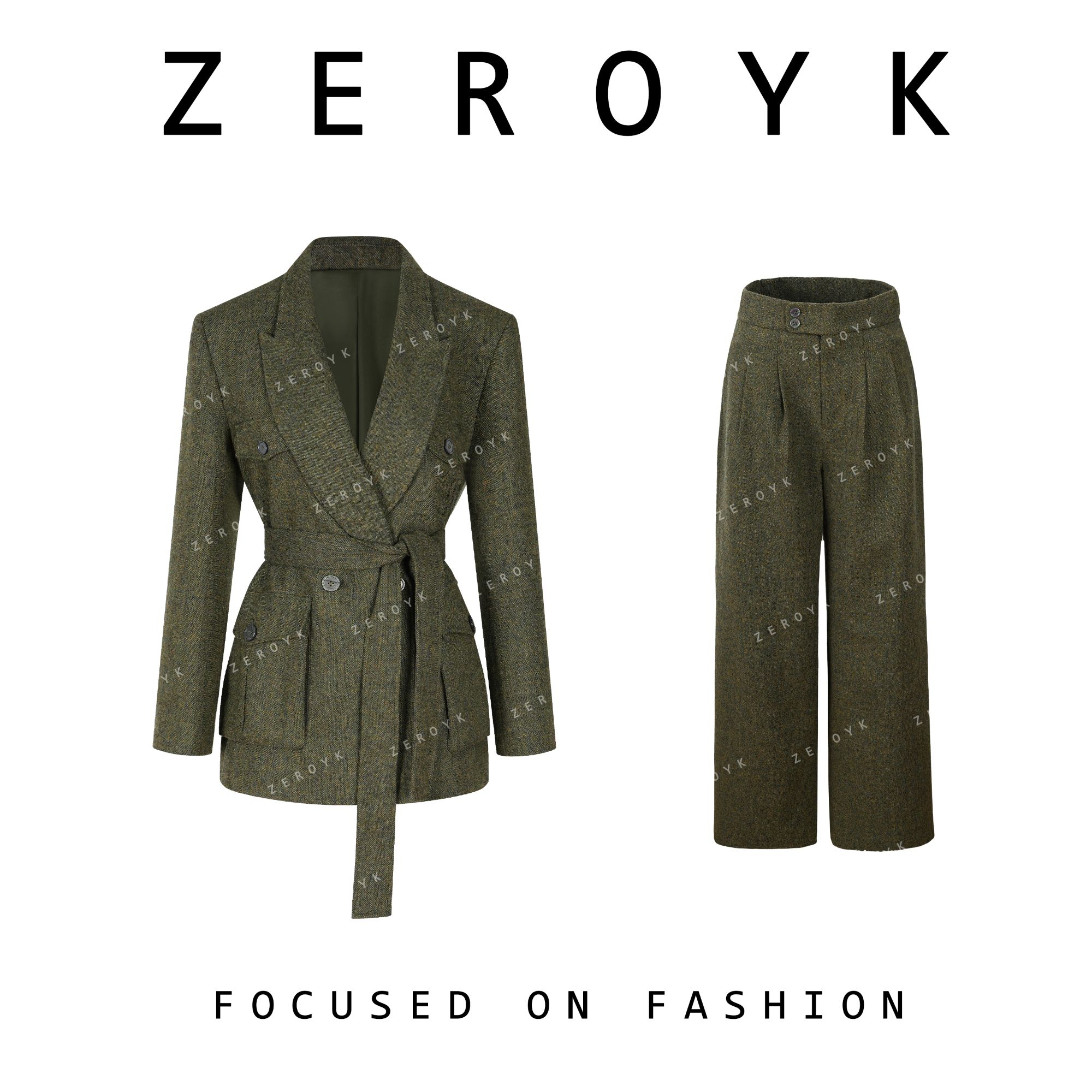 ZEROYK 翎蔻轻奢职业装御姐气质高级羊毛混纺系带西服阔腿裤套装