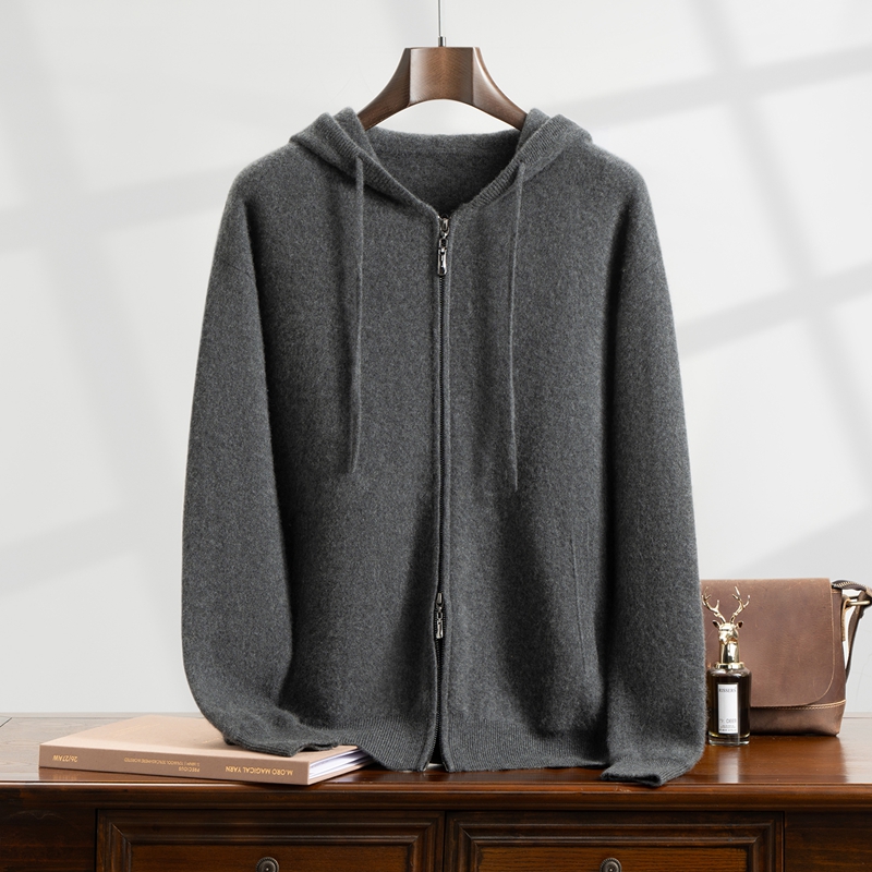 高货阔版】100%纯山羊绒连帽开衫重磅加厚秋冬针织拉链帽衫均790克