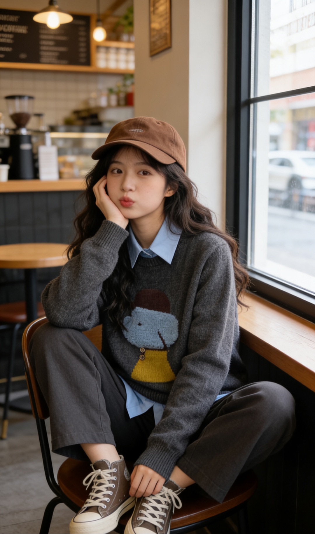 针织假两件套宽松型毛针织衫撞色女上衣冬季衬衣领长袖百搭韩版