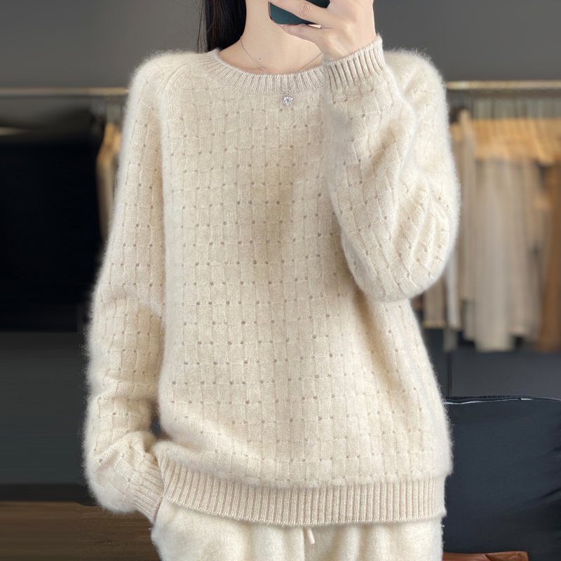 温暖舒适~秋冬新款100纯羊毛衫七针加厚圆领镂空挑洞华夫格打底衫