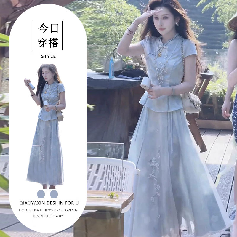 T257109上衣+T257110夏季精致高级感新中式盘扣上衣衫半身裙套装
