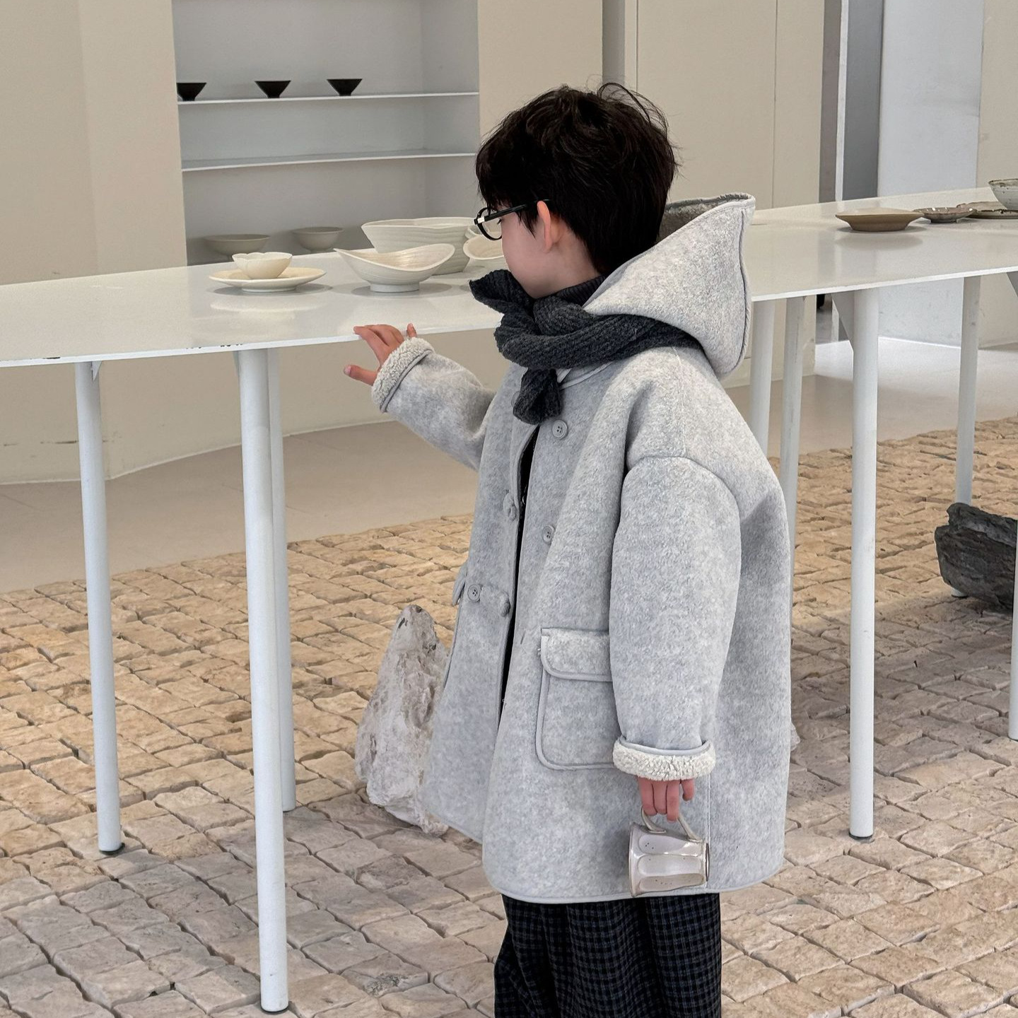 2025冬季新款儿童慵懒风加厚呢子外套男童中长款加绒保暖外套