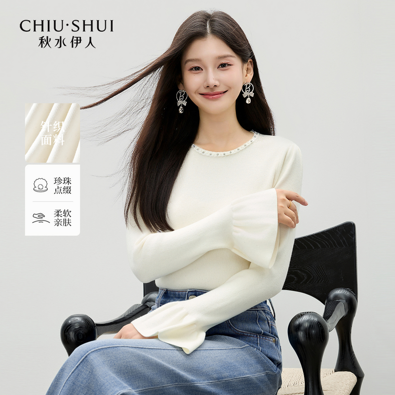秋水伊人圆领毛针织衫2025年秋季新款女百搭上衣625384M344208