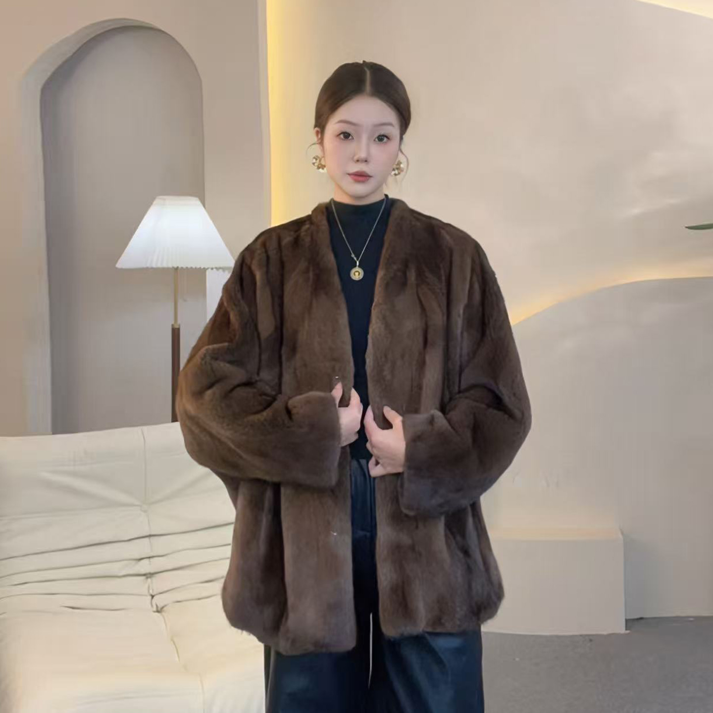 M进口水貂皮草外套中长款小V领设计时尚百搭整貂皮草75