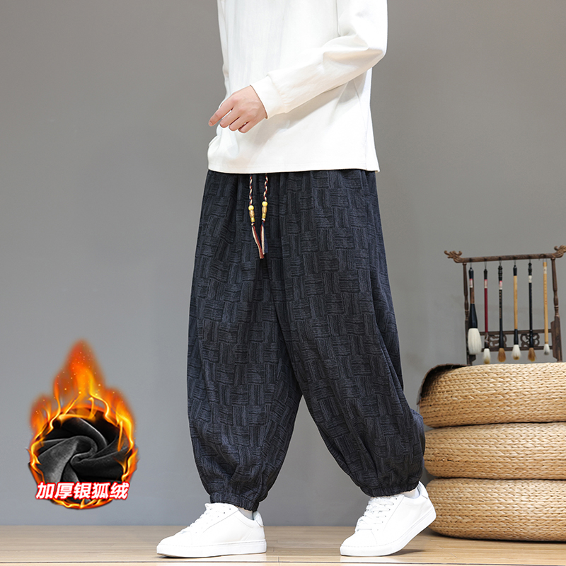新中式灯芯绒裤子男士秋冬季休闲宽松加肥加大码中国风胖子阔腿裤