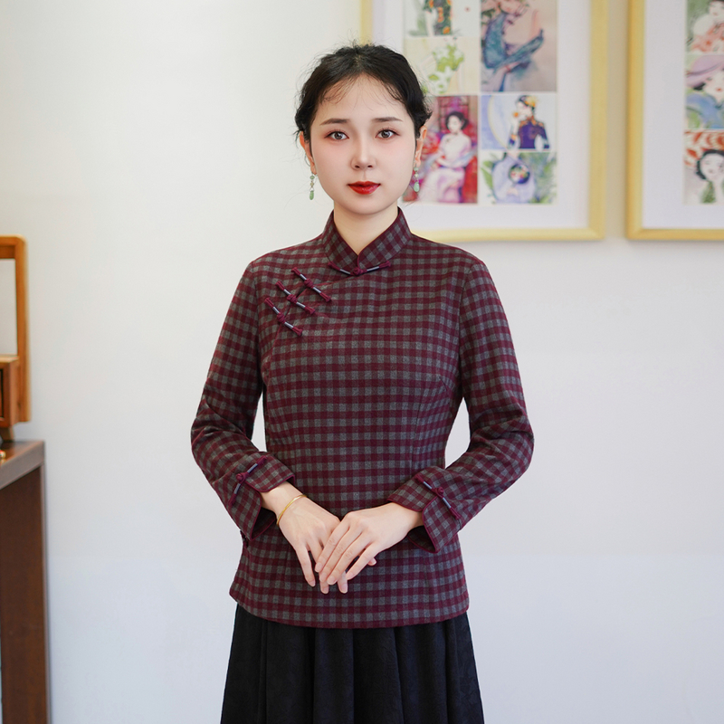 筠雅新款国风唐装上衣女中式改良复古气质女士斜襟长袖上衣25J336