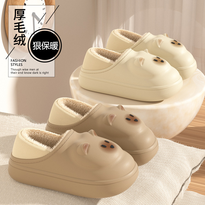 毛绒防水棉拖鞋立体小猫包跟厚底防滑保暖情侣棉拖鞋室内家居外穿