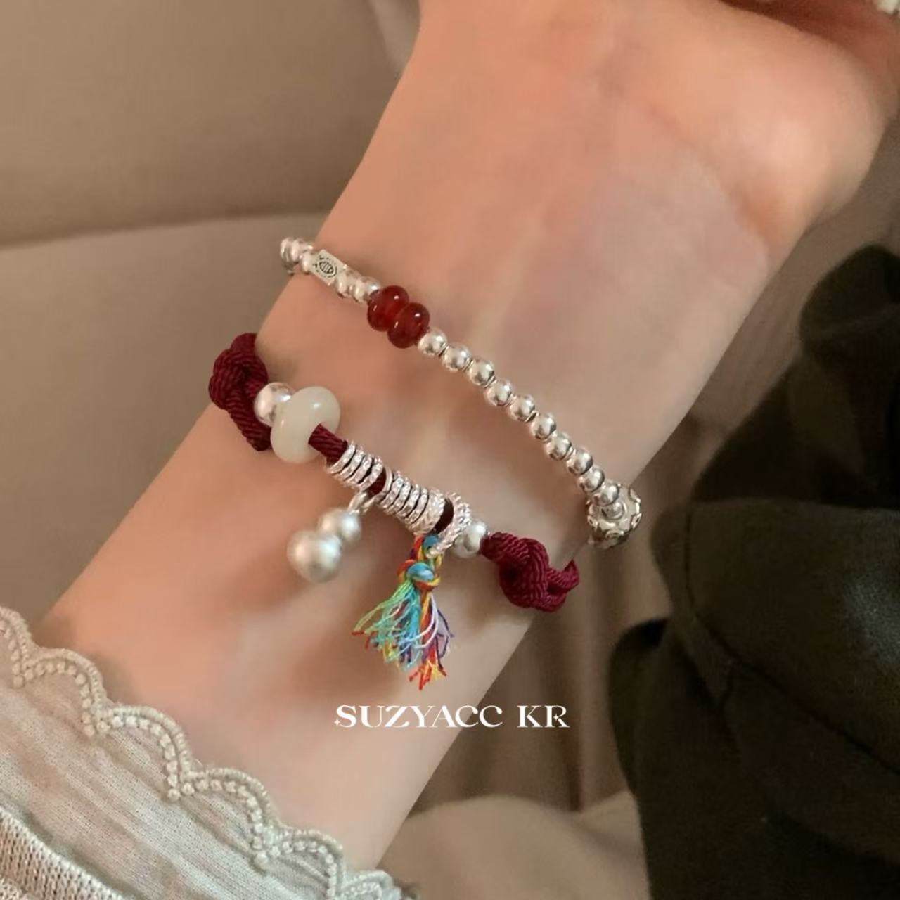 Suzyacc Kr 足银布艺手链 999银彩绳葫芦手链DC0335