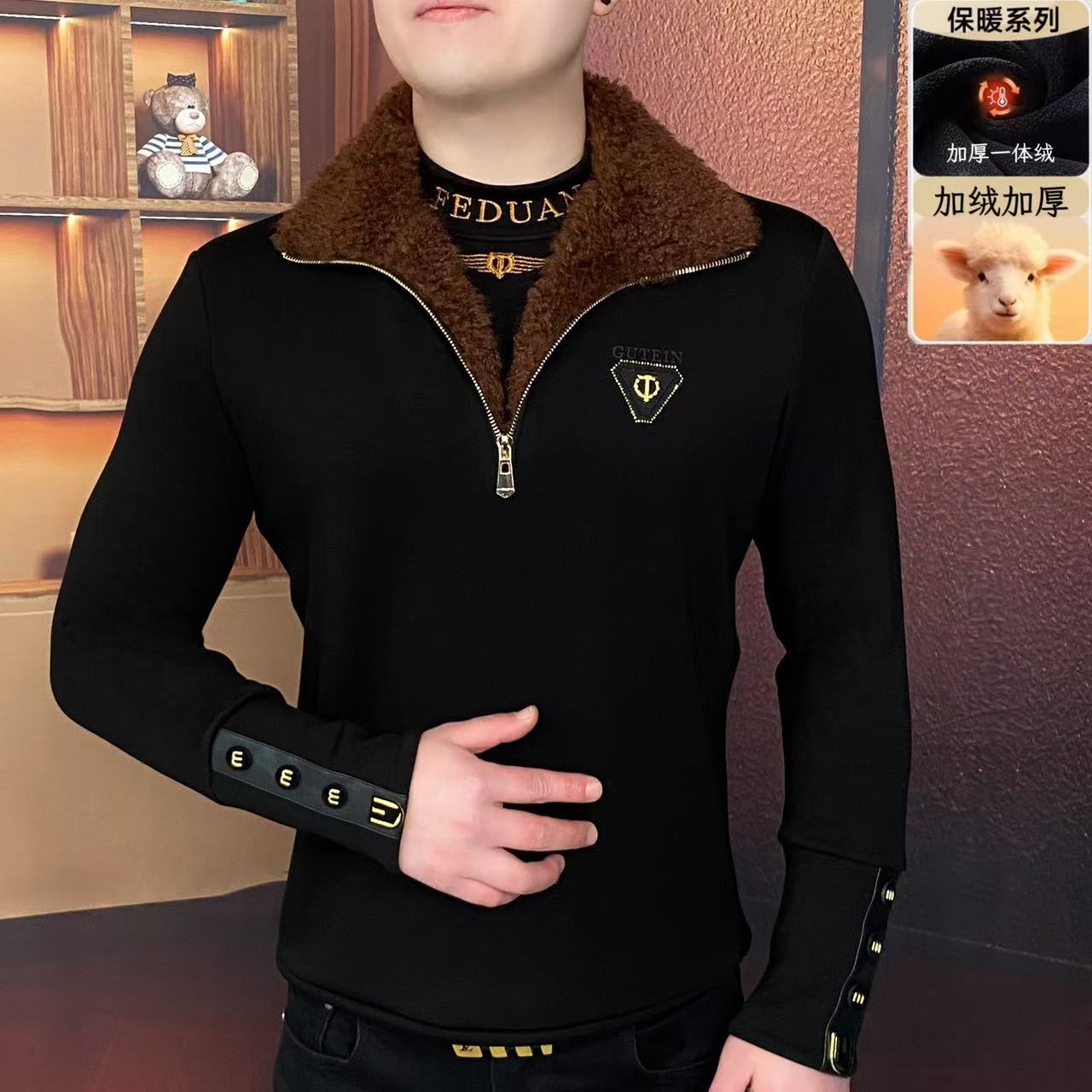 《座山雕》冬季加绒新款修身加厚卫衣高端帅气时尚百搭休闲简约