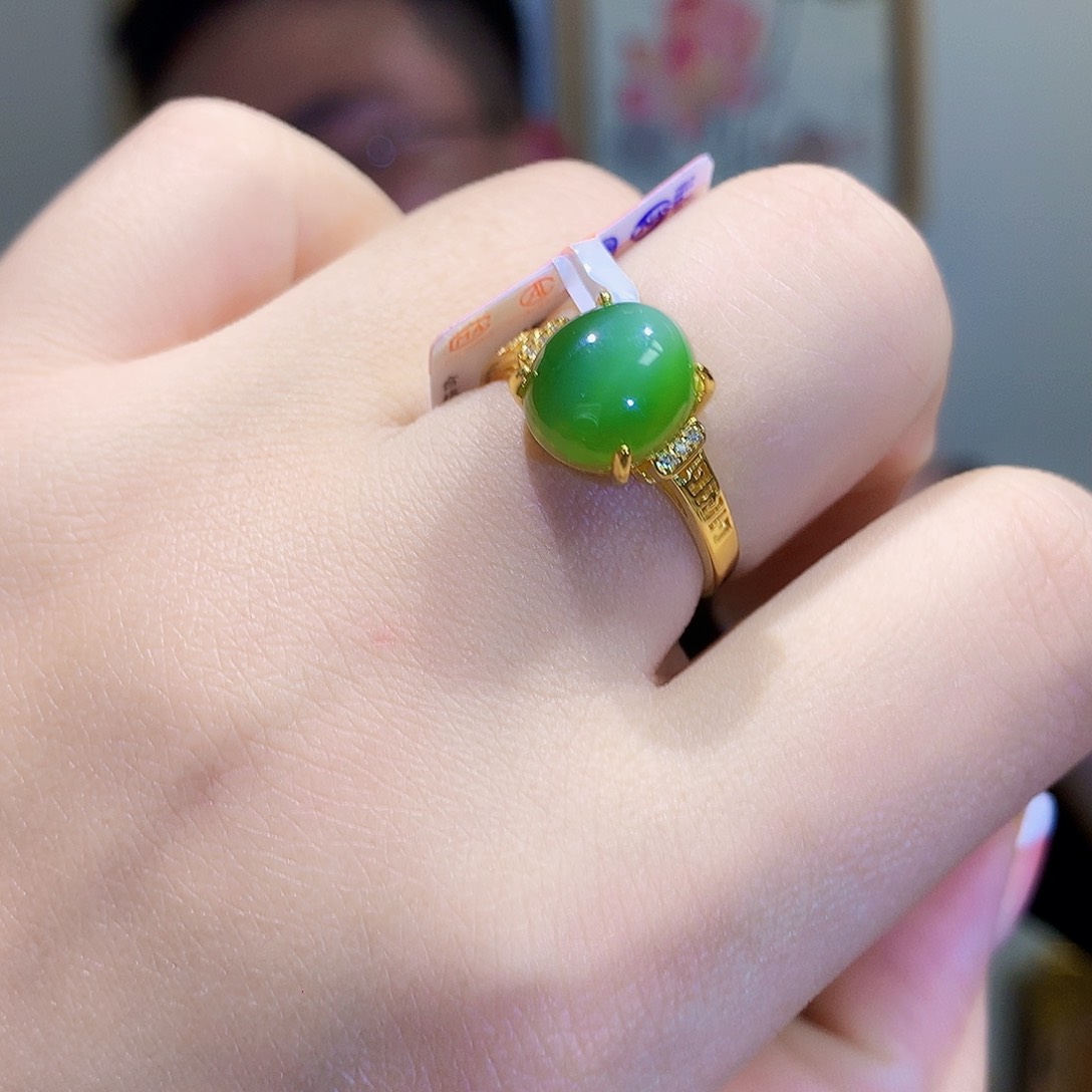 和田玉（碧玉）戒指银S925镀金镶嵌