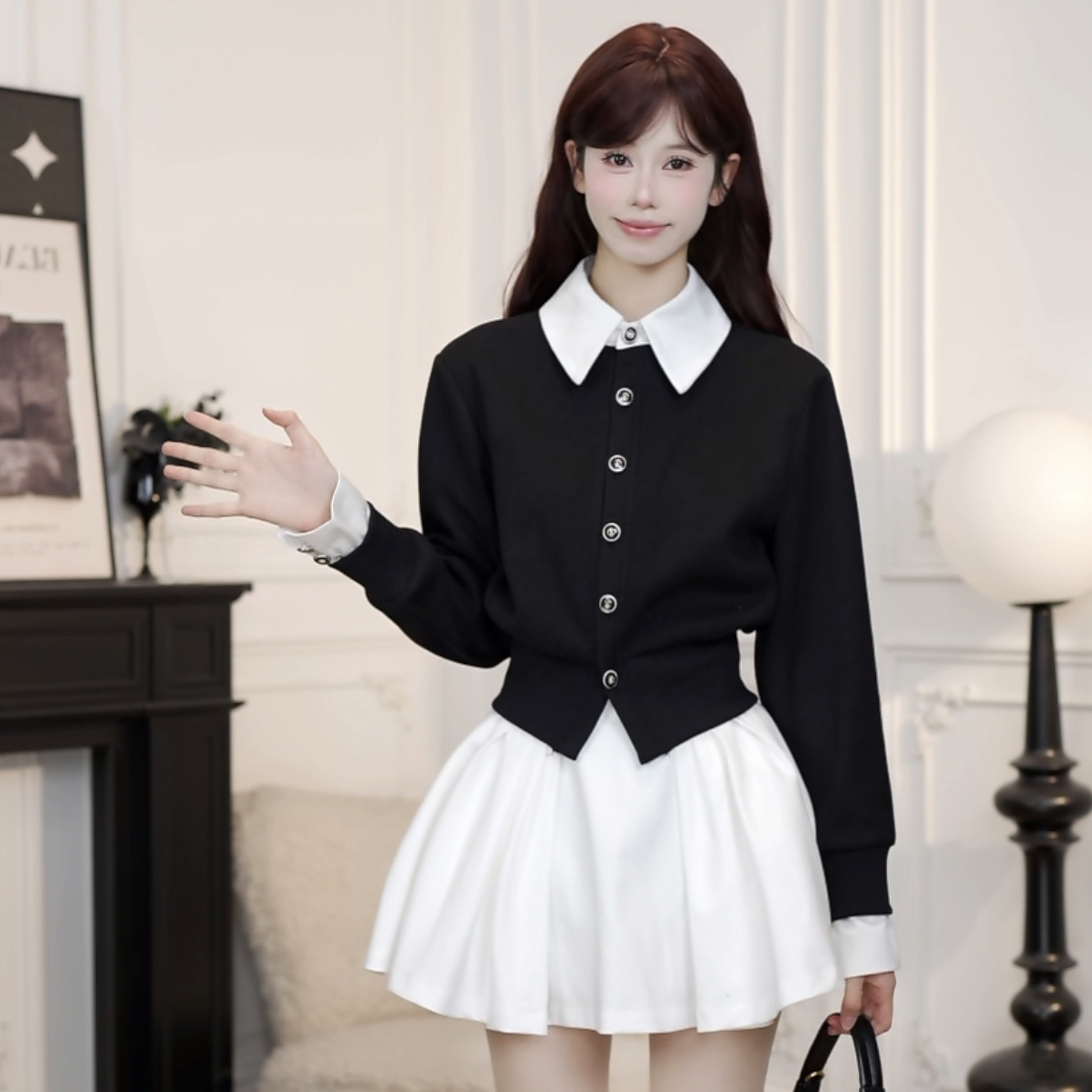 小小仟 撞色翻领假两件针织外套千金风加绒长袖上衣开衫蓬蓬半裙