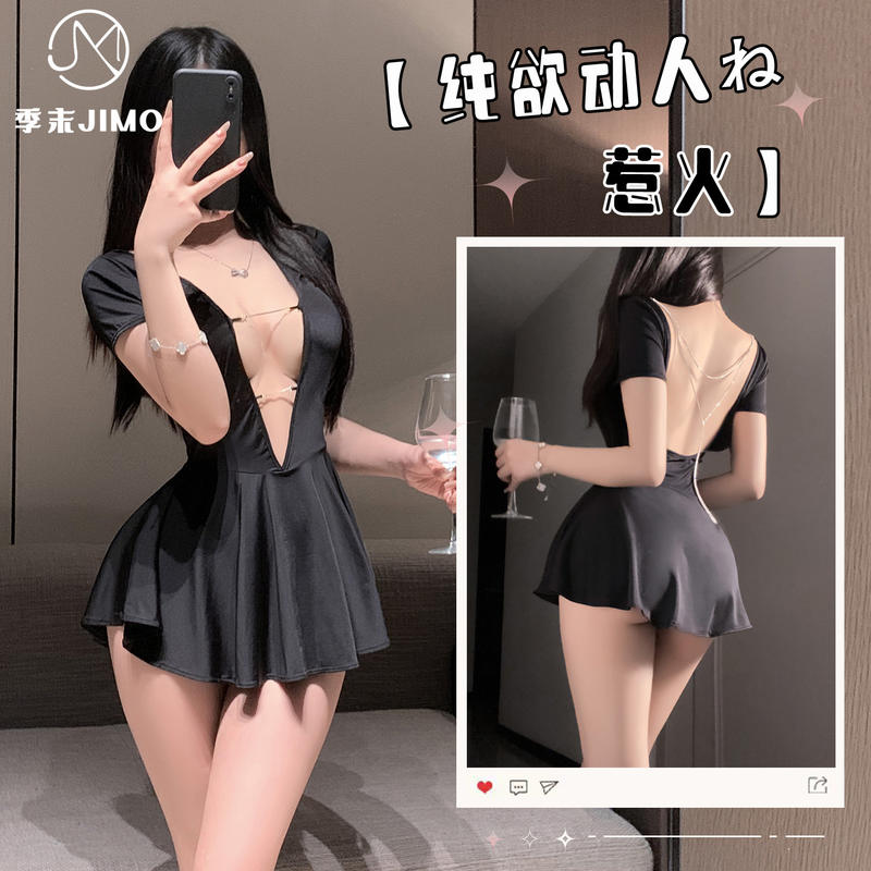 性感显瘦纯欲风高腰网红深V黑色连衣裙镂空美背修身气质睡衣睡裙
