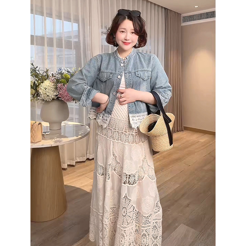 【双11清仓】【云梦蓝语】春季宽松休闲蕾丝拼接短外套Z525X03700