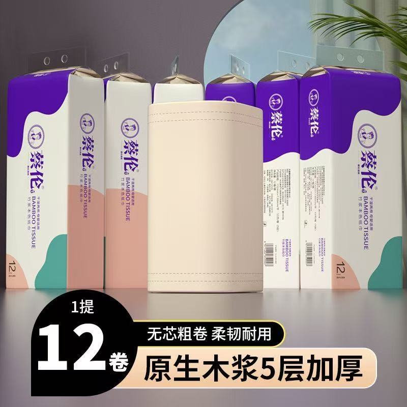 蔡伦竹浆本色5层加厚卫生纸无芯卷纸家用加厚厕纸卫生纸原生木浆