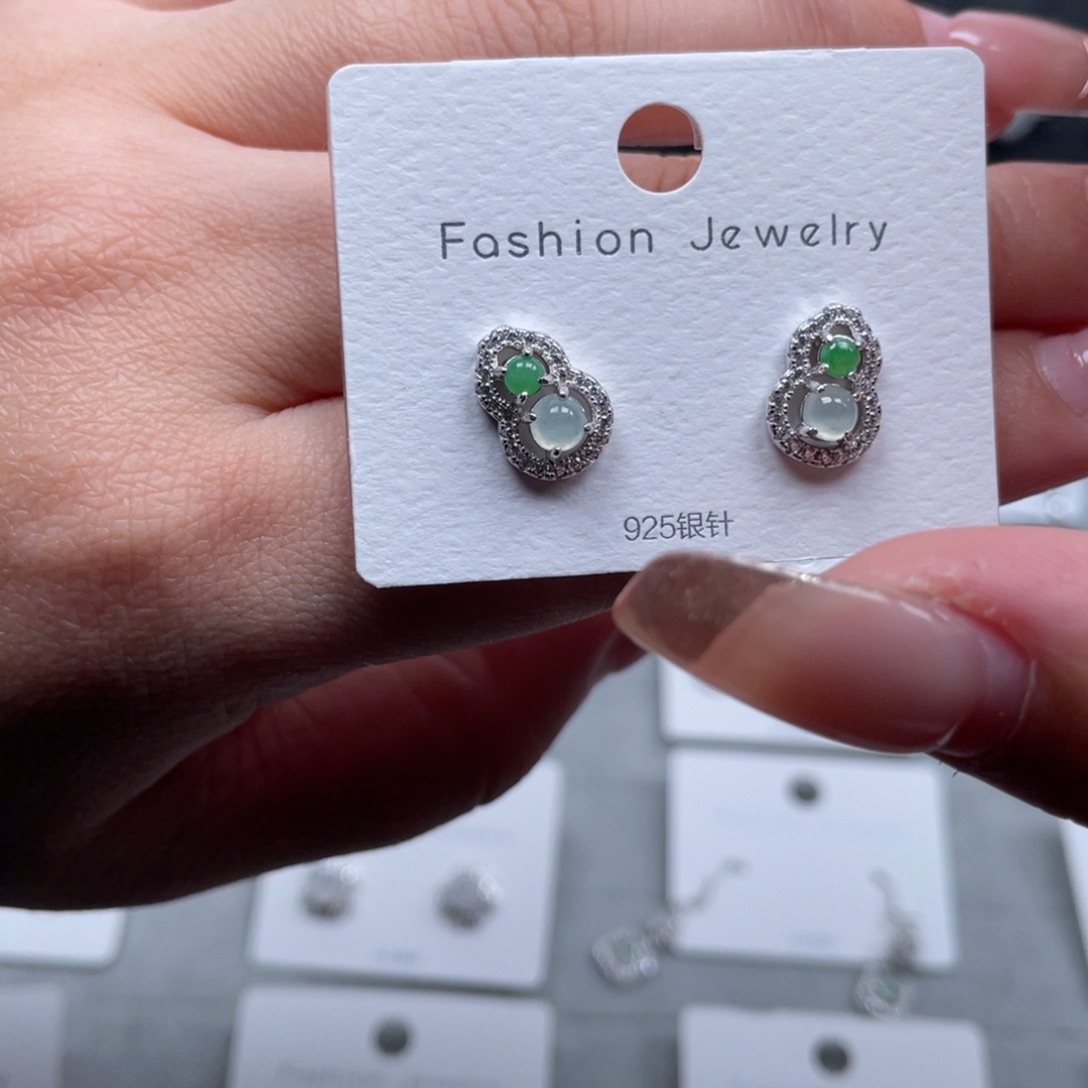 翡翠戒指银S925镶嵌耳钉葫芦绿