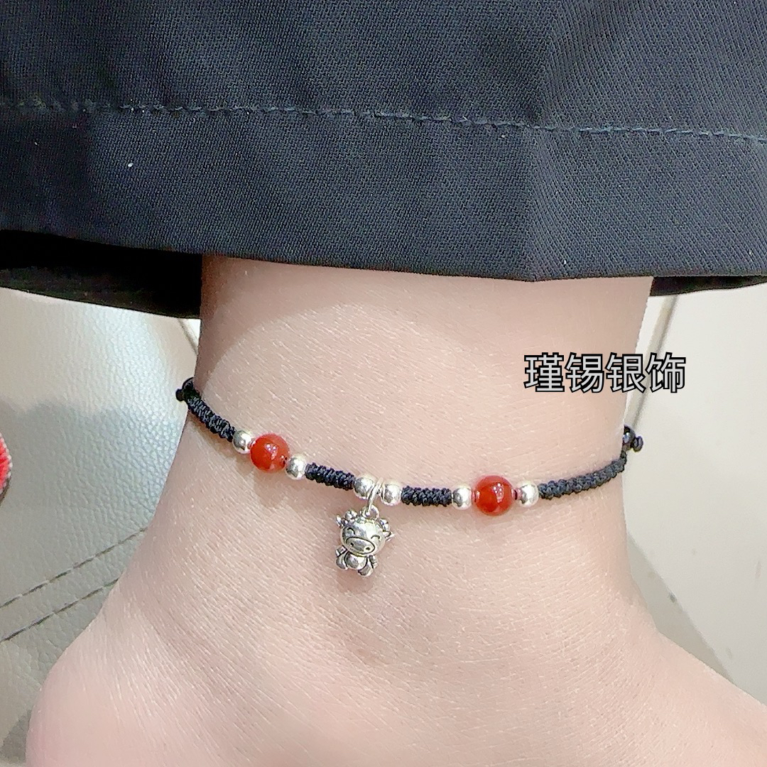 足银脚链 十二生肖足银脚链百搭简约时尚复古个性绳编韩版小众