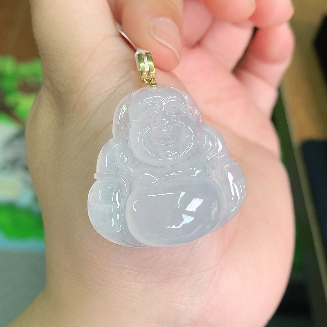 翡翠颈饰18K金镶嵌冰胶大佛公33*34*7.5