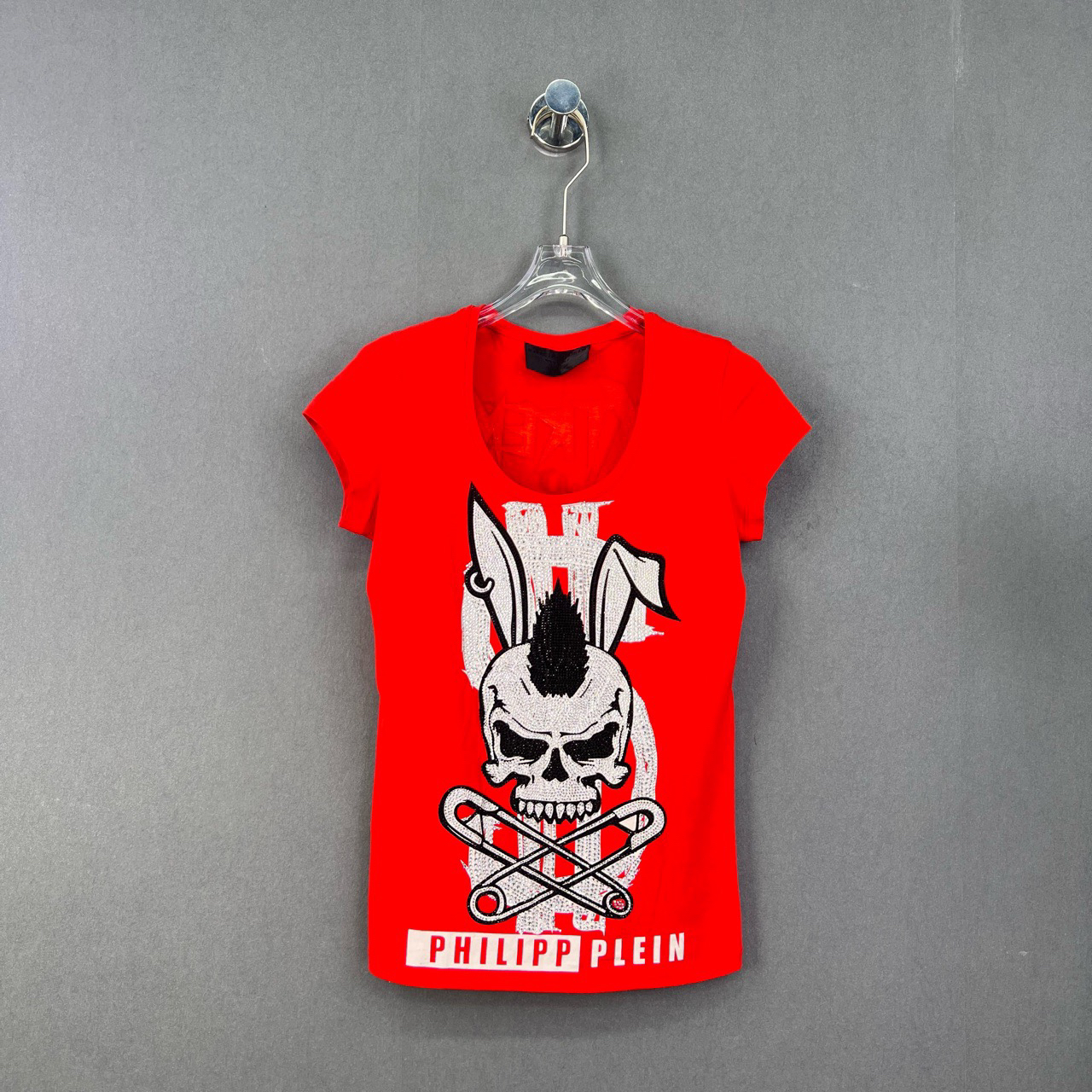 99新 Philipp Plein XS码/红色烫钻骷髅币款修身短袖/12963104