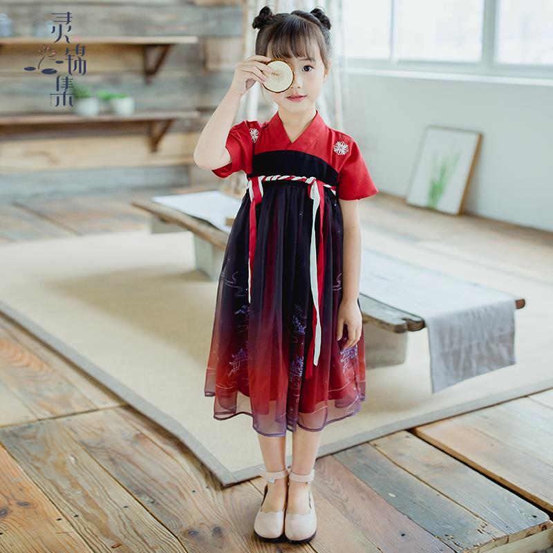 4003女童红色汉服裙短袖刺绣汉服裙