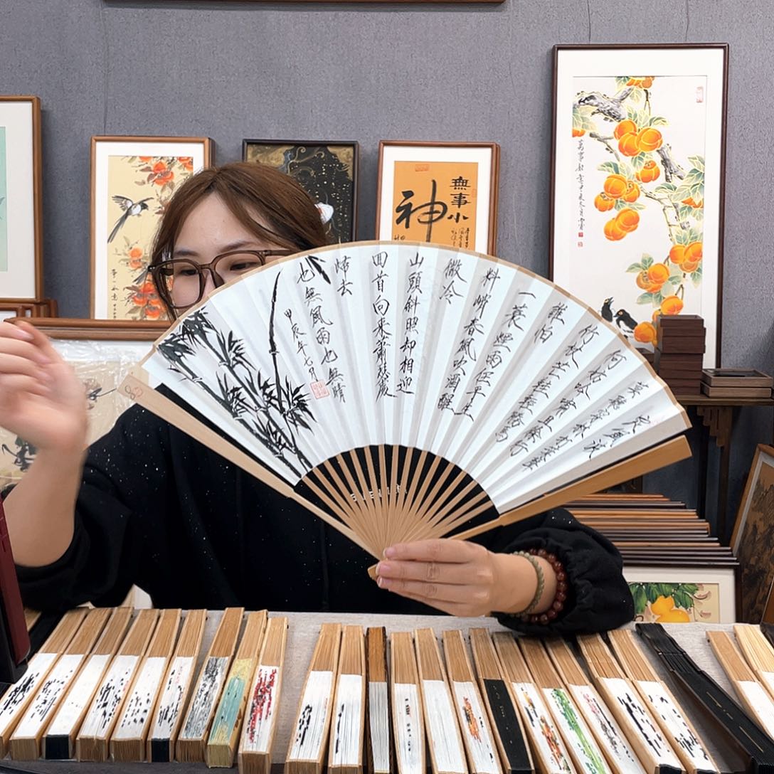 国画95寸玉竹-纯手绘-文玩扇骨（默认粘好）定风波