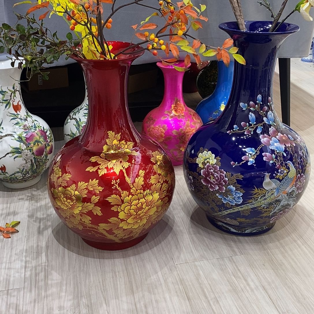 姗***迟陶摆件56cm金沙牡丹赏瓶+60cm锦堂富贵赏瓶